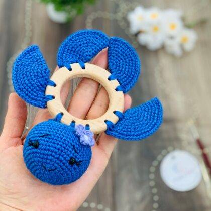 Teether Jucărie Senzorială Tip Montessori Din Lemn Natur Și Bumbac Pentru Bebeluși Broscuță